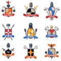 Medieval knights emblems flat icons set