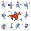Medieval knights in full armour set. Ancient warriors with weapon vector illustration Royalty Free Stock Photo