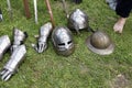 Medieval knights helmets and gloves Royalty Free Stock Photo