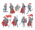 Medieval Knights Set, Chivalry Warrior Characters in Full Metal Body Armor with Weapon Cartoon Style Vector Illustration Royalty Free Stock Photo