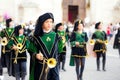 Marche, Ascoli Piceno, Reenactment, Giostra della Quintana: medieval lady trumpeter during an historical exhibition Royalty Free Stock Photo