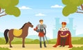 Medieval Life Scene with Man Knight from Middle Ages in Iron Armour Suit and King in Mantle and Crown Vector Royalty Free Stock Photo