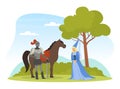 Medieval Life Scene with Man Knight from Middle Ages in Iron Armour Suit and Noble Court Lady Vector Illustration Royalty Free Stock Photo