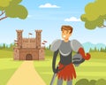 Medieval Life Scene with Man Knight from Middle Ages in Iron Armour Suit and Sword Near Stone Castle Vector Illustration Royalty Free Stock Photo