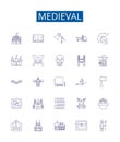 Medieval line icons signs set. Design collection of Medieval, Knights, Castles, Armor, Monarchs, Feudalism, Crusades