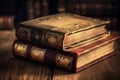 Medieval literary magic, Antique book stack on rustic wooden table Royalty Free Stock Photo