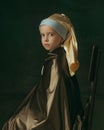 Medieval little girl as a lady with a pearl earring on dark studio background. Concept of comparison of eras, childhood