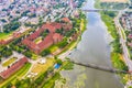 Medieval Malbork Marienburg Castle in Poland, main fortress of the Teutonic Knights at the Nogat river. Aerial skyline view of