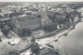 Medieval Malbork Marienburg Castle in Poland, main fortress of the Teutonic Knights at the Nogat river. Aerial view in fall in