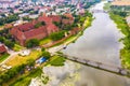 Medieval Malbork Marienburg Castle in Poland, main fortress of the Teutonic Knights at the Nogat river. Aerial view in fall in