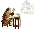 Medieval man with a pen and scrolls Royalty Free Stock Photo