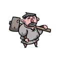 Medieval man stone worker with big long hammer Royalty Free Stock Photo