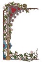 Medieval manuscript style rectangular frame. Gothic style pointed arch braided with a rose garlands. Vertical Royalty Free Stock Photo