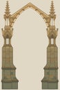 Medieval manuscript style rectangular frame. Gothic style pointed arch formed with flying buttresses.
