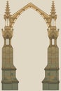 Medieval manuscript style rectangular frame. Gothic style pointed arch formed with flying buttresses.