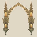 Medieval manuscript style rectangular frame. Gothic style pointed arch formed with flying buttresses.