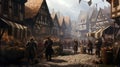 Medieval market created with Generative AI. Historic scene in an ancient city.