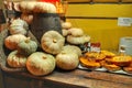 Medieval market stall of roasted pumpkins Royalty Free Stock Photo