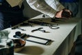 medieval medical tools, detail of vintage surgeon tools on a table Royalty Free Stock Photo