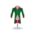 Medieval men s coat on mannequin. Green jacket with golden buttons. Museum exhibit. Male fashion of victorian era. Flat