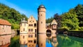 Mespelbrunn Castle, Bavaria, Germany with reflections in the moat