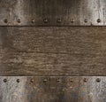 Medieval metal frame with rivets over wood background 3d illustration