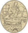 Medieval Monk Brewing Beer Oval Drawing