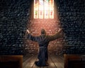 Medieval monk kneeling and praying in church Royalty Free Stock Photo