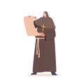 Medieval Monk with Old Parchment in Hands, Historical Personage Wear Long Robe with Hood and Cross, Ancient Chronicler