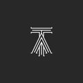 Medieval monogram TA Logo, linked initials T and A capital letters intersection thin lines stylish design element, wedding