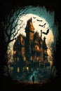 Gothic castle 04 mansion night dark house with lots of bats flying. Generative AI