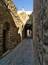 Medieval narrow cobblestone alley diminishing perspective Royalty Free Stock Photo