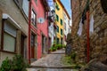 Medieval narrow street with colorful buildings in old town of Porto, Portugal with nobody. Medieval architecture of Royalty Free Stock Photo