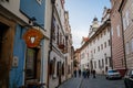 Medieval narrow street with colorful renaissance historical buildings, Former Jesuit college now Hotel Rose in the center of Cesky