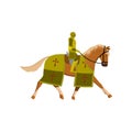 Medieval old knight in green color armor and brown horse Royalty Free Stock Photo