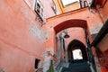 Medieval old town Goldsmith`s stairway tower Passage in Sibiu, Romania