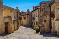 Medieval old town with stone houses, old doors and windows, cobbled streets and picturesque atmosphere. Pedraza, Segovia, Spain