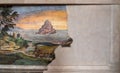 Ruins of medieval painting showing surreal landscape