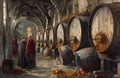 A medieval painting in the style of Jan Van Eyck depicting monks drinking cider in a monastery
