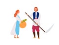 Medieval peasant family flat vector illustration. Rustic young girl with basket and man with hand scythe cartoon