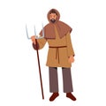 Medieval Peasant Male Character Wear Fabric Clothes Hold Fork Isolated on White Background. Historical Fairy Tale Actor