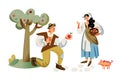 Medieval peasants collecting apples. Young happy woman and man helping in Middle Ages vector illustration. Historical