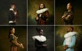 Medieval people as a royalty persons in vintage clothing on dark background. Concept of comparison of eras, modernity