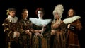 Medieval people as a royalty persons in vintage clothing on dark background. Concept of comparison of eras, modernity