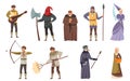 Medieval People Characters with Minstrel Holding Lute, Headsman and Monk Vector Illustration Set Royalty Free Stock Photo