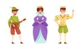 Medieval people set. Minstrel, queen and king European middle ages historical characters cartoon vector illustration