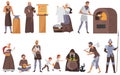 Medieval people vector illustration set, cartoon flat historical middle ages characters collection with peasant