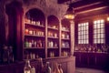 Medieval pharmacy store. Alchemical workplace with many bottles, ai illustration