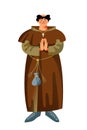 Medieval priest or bishop character. Religious man standing and praying in Middle Ages period vector illustration