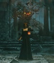 Medieval princess with lantern at night haunted by the undead